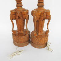 Set of 2 Wood Carved Elephant Base Lamps