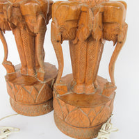 Set of 2 Wood Carved Elephant Base Lamps