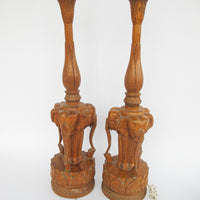 Set of 2 Wood Carved Elephant Base Lamps