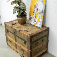 Green Metal Trunk With Wood and Leather