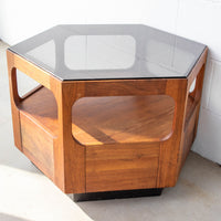 Midcentury Hexagon Table with Frosted Black Glass