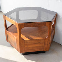 Midcentury Hexagon Table with Frosted Black Glass