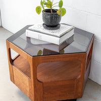 Midcentury Hexagon Table with Frosted Black Glass