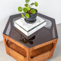 Midcentury Hexagon Table with Frosted Black Glass