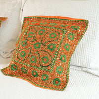 Indian Embroidered Pillowcases with Mirrors in Orange and Green