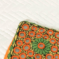 Indian Embroidered Pillowcases with Mirrors in Orange and Green