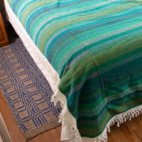 Green and Blue Stripe Indian Cotton Full Blankets with Fringe (Sold Individually)