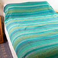 Green and Blue Stripe Indian Cotton Full Blankets with Fringe (Sold Individually)