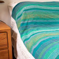 Green and Blue Stripe Indian Cotton Full Blankets with Fringe (Sold Individually)