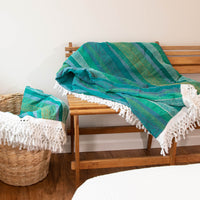Green and Blue Stripe Indian Cotton Full Blankets with Fringe (Sold Individually)
