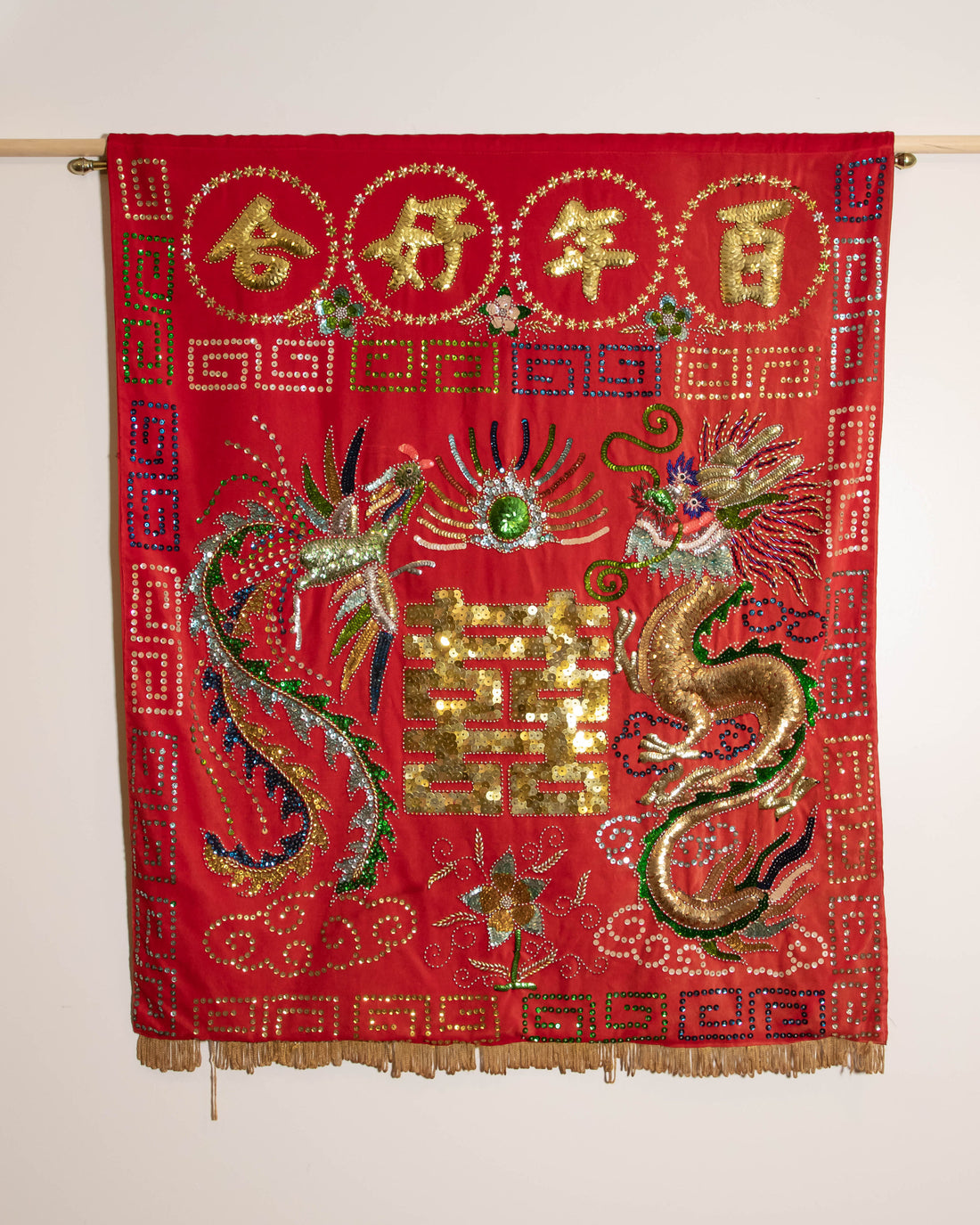 Antique Red Velvet Embroidered Sequence dragon and Chinese Wall Tapestry