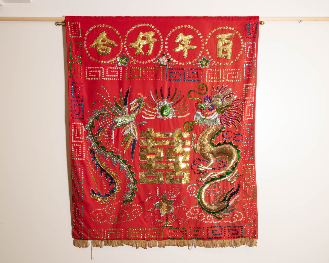 Antique Red Velvet Embroidered Sequence dragon and Chinese Wall Tapestry