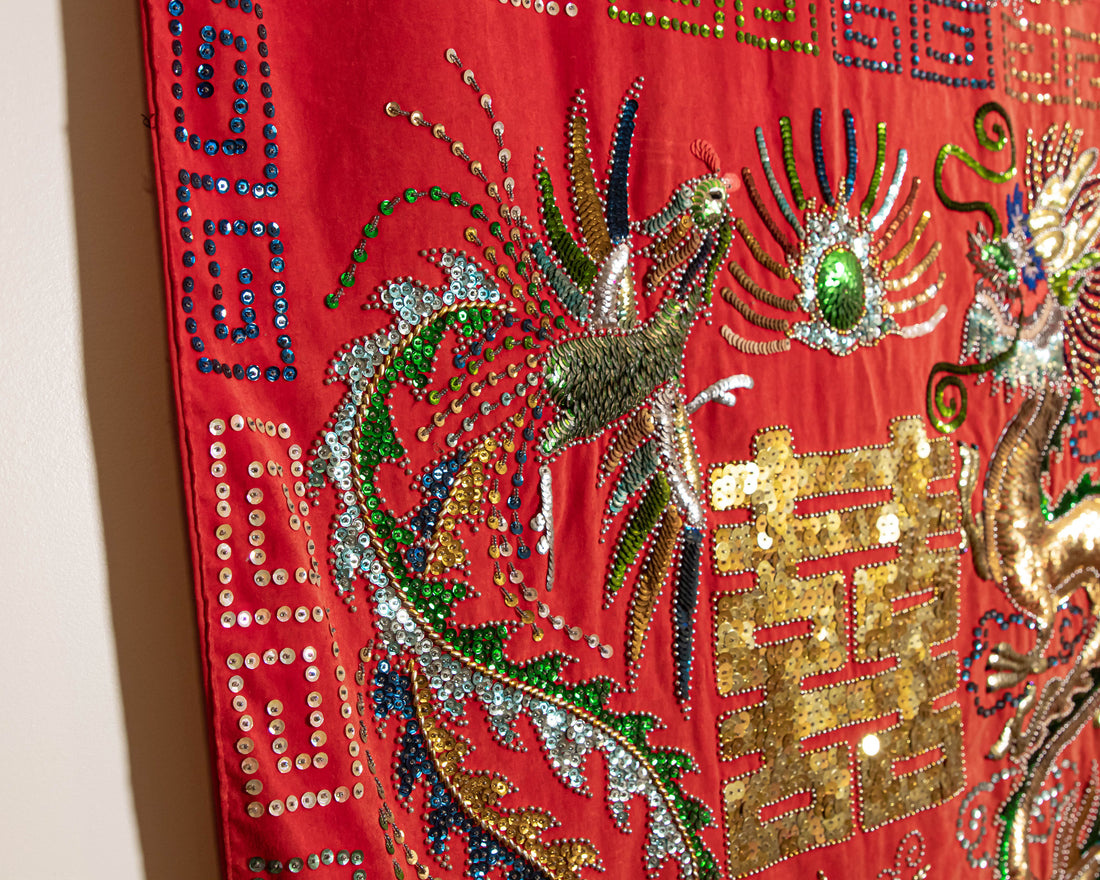 Antique Red Velvet Embroidered Sequence dragon and Chinese Wall Tapestry