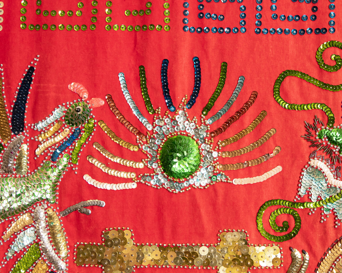 Antique Red Velvet Embroidered Sequence dragon and Chinese Wall Tapestry