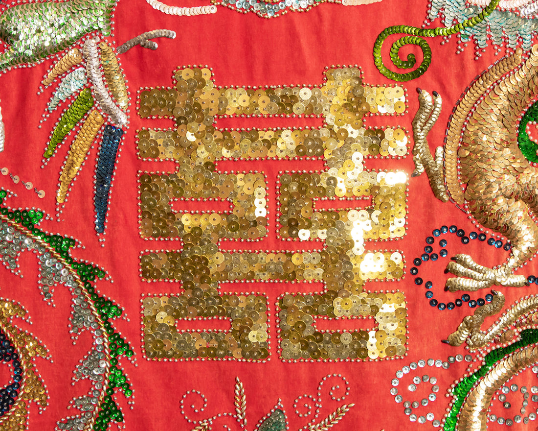 Antique Red Velvet Embroidered Sequence dragon and Chinese Wall Tapestry