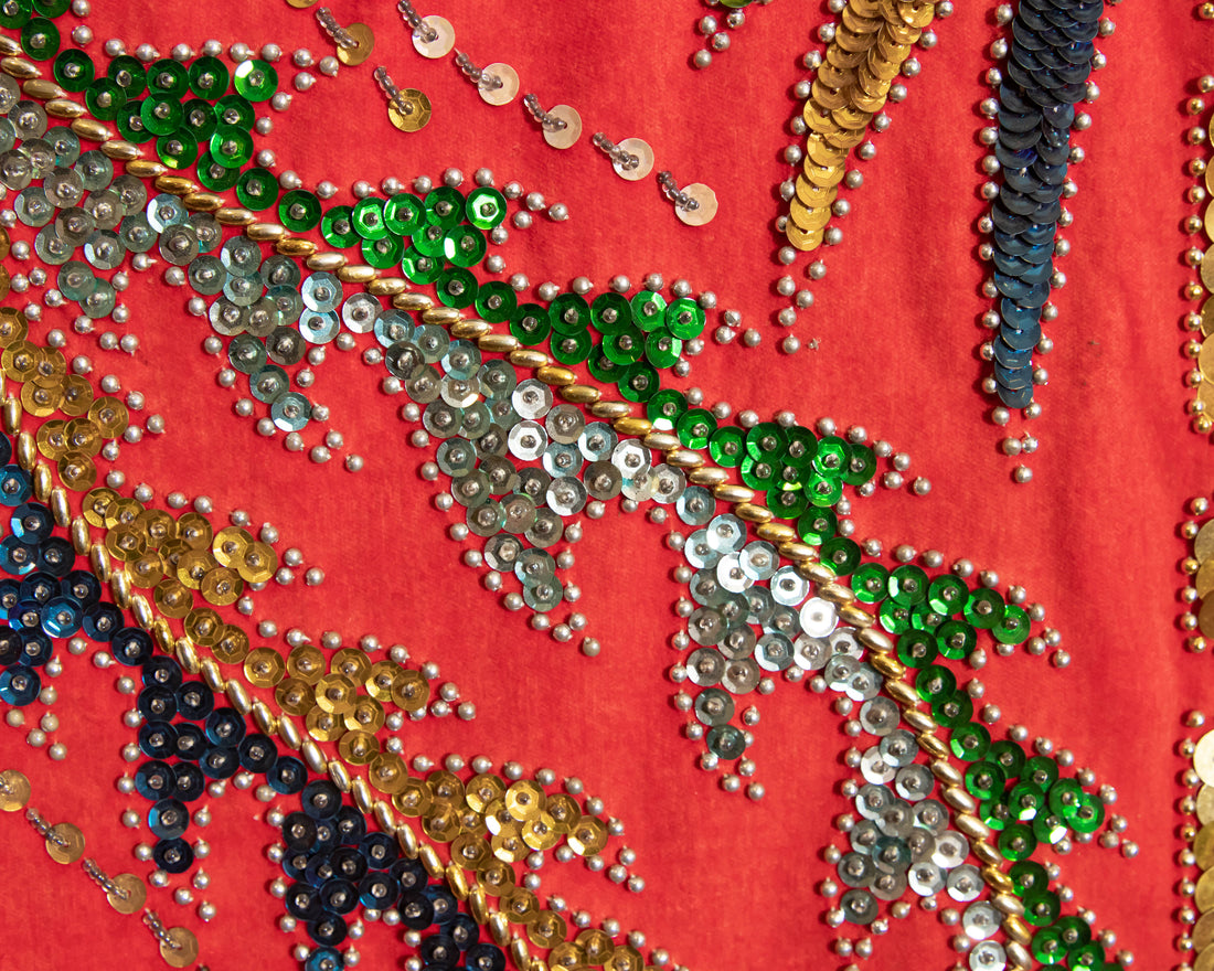 Antique Red Velvet Embroidered Sequence dragon and Chinese Wall Tapestry