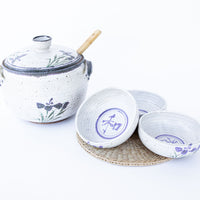 5 Piece Hand Spun Ceramic Serving Soup Dish with Lid and 3 Matching Soup Bowls