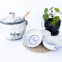 5 Piece Hand Spun Ceramic Serving Soup Dish with Lid and 3 Matching Soup Bowls