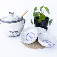 5 Piece Hand Spun Ceramic Serving Soup Dish with Lid and 3 Matching Soup Bowls