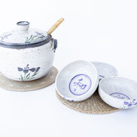 5 Piece Hand Spun Ceramic Serving Soup Dish with Lid and 3 Matching Soup Bowls