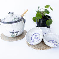 5 Piece Hand Spun Ceramic Serving Soup Dish with Lid and 3 Matching Soup Bowls