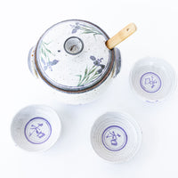 5 Piece Hand Spun Ceramic Serving Soup Dish with Lid and 3 Matching Soup Bowls