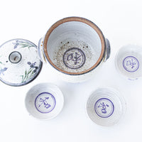 5 Piece Hand Spun Ceramic Serving Soup Dish with Lid and 3 Matching Soup Bowls