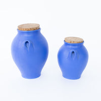 Two Bright Blue Ceramic Canisters with Handles and Cork Tops