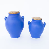 Two Bright Blue Ceramic Canisters with Handles and Cork Tops