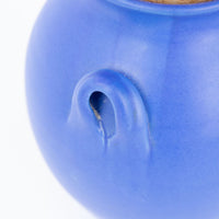 Two Bright Blue Ceramic Canisters with Handles and Cork Tops