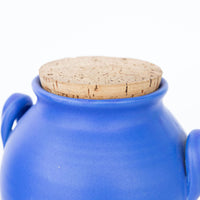 Two Bright Blue Ceramic Canisters with Handles and Cork Tops