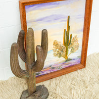 Large Brass Saguaro Cactus Sculpture with Road Runner