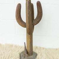 Large Brass Saguaro Cactus Sculpture with Road Runner