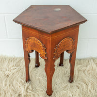 Wood Hexagon Table with Carved Shell Design Detailing