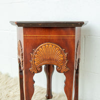 Wood Hexagon Table with Carved Shell Design Detailing