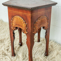 Wood Hexagon Table with Carved Shell Design Detailing