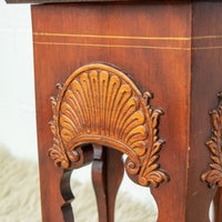 Wood Hexagon Table with Carved Shell Design Detailing