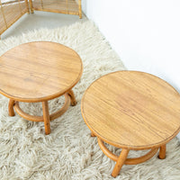 Bamboo and Wood Round Low Midcentury Side Tables (set of 2)
