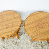 Bamboo and Wood Round Low Midcentury Side Tables (set of 2)