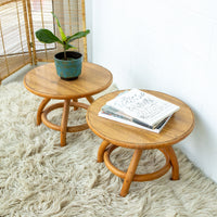 Bamboo and Wood Round Low Midcentury Side Tables (set of 2)