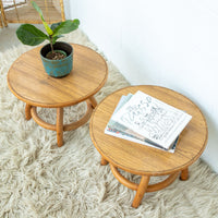 Bamboo and Wood Round Low Midcentury Side Tables (set of 2)