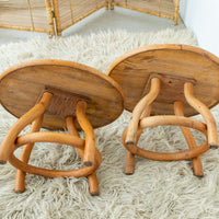 Bamboo and Wood Round Low Midcentury Side Tables (set of 2)