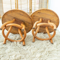 Bamboo and Wood Round Low Midcentury Side Tables (set of 2)