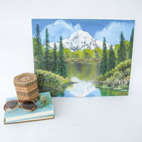 Frameless Canvas Vibrant Mountainscape Painting with Lake