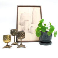 Set of 3 India Lattice Brass Candlestick holders on tri foot bases