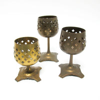 Set of 3 India Lattice Brass Candlestick holders on tri foot bases