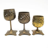 Set of 3 India Lattice Brass Candlestick holders on tri foot bases
