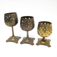 Set of 3 India Lattice Brass Candlestick holders on tri foot bases