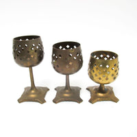 Set of 3 India Lattice Brass Candlestick holders on tri foot bases