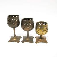 Set of 3 India Lattice Brass Candlestick holders on tri foot bases
